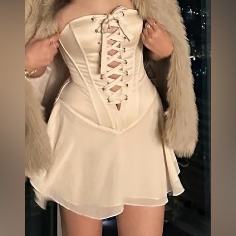Cream Corset Dress with Fur Trim